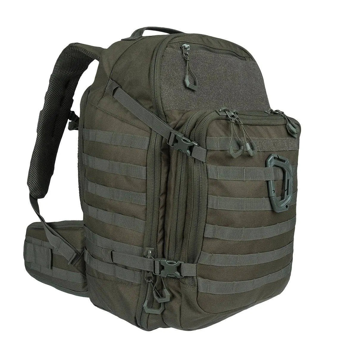 Highlander Harrier 35L Full Clamshell Pack in olive green with MOLLE webbing, padded straps, and a waist belt for tactical and outdoor use.