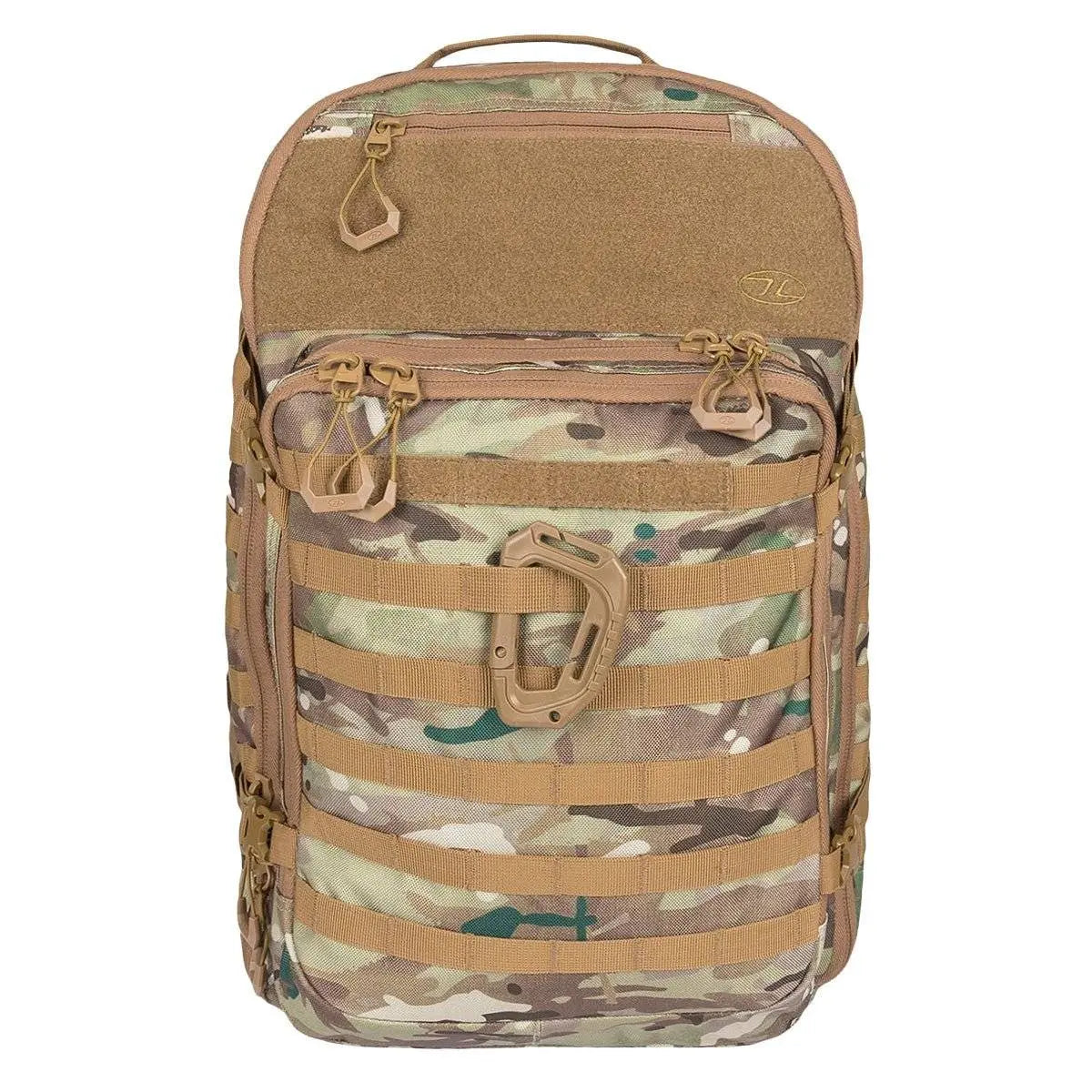 Highlander Harrier 35L Full Clamshell Pack in camouflage pattern, featuring MOLLE webbing, multiple compartments, and a tactical carabiner clip.
