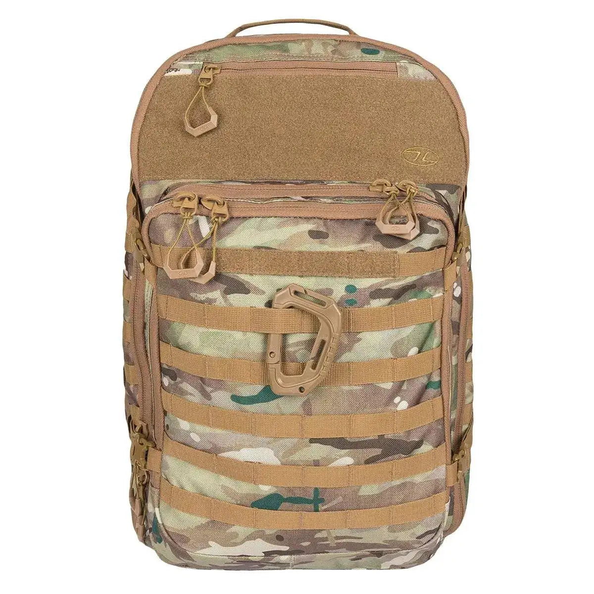 Highlander Harrier 35L Full Clamshell Pack in camouflage pattern, featuring MOLLE webbing, multiple compartments, and a tactical carabiner clip. HMTC from  John Bull Clothing 