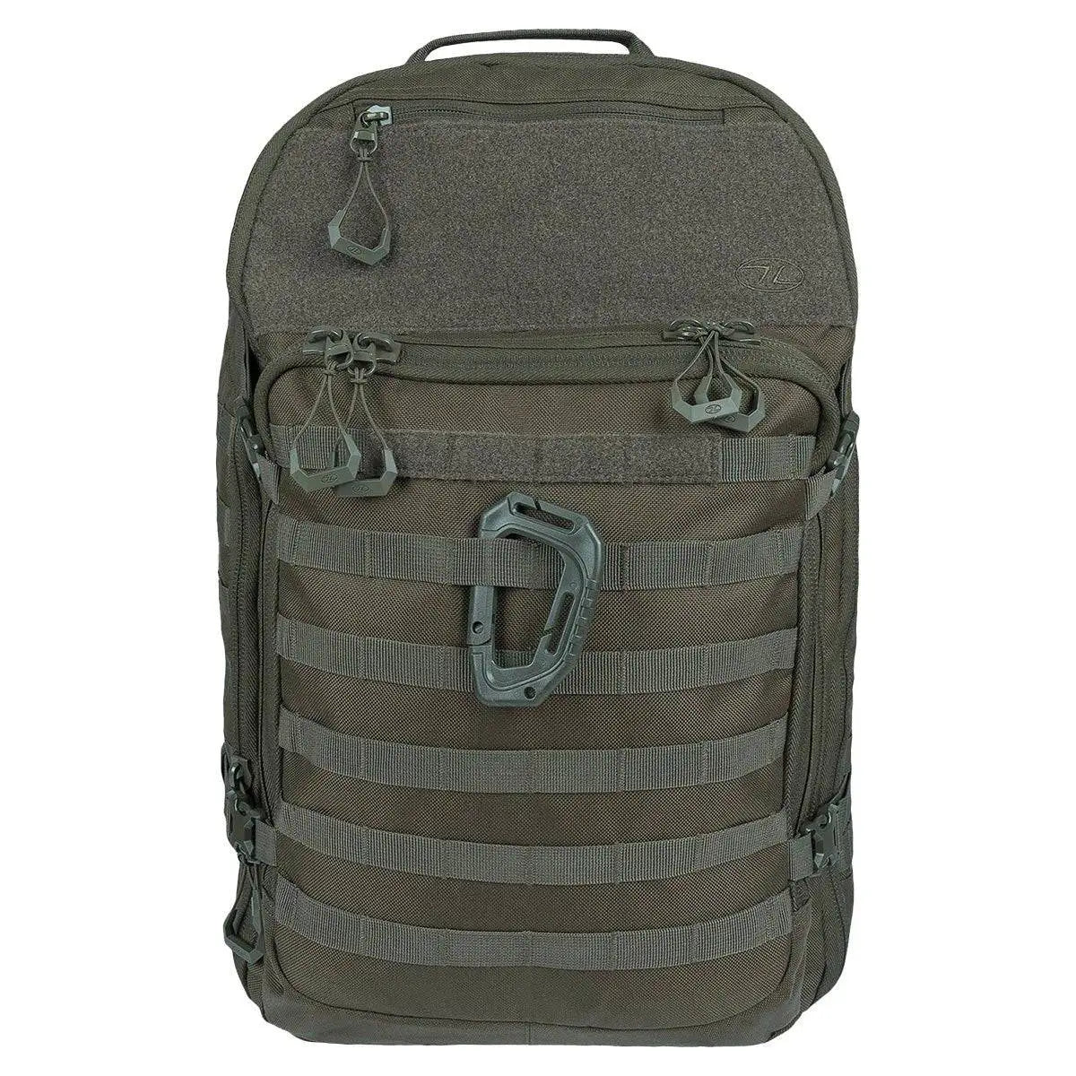 Front view of Highlander Harrier 35L Full Clamshell Pack in olive green with MOLLE webbing, multiple zippered compartments, and a tactical carabiner. Ranger Green from  John Bull Clothing 