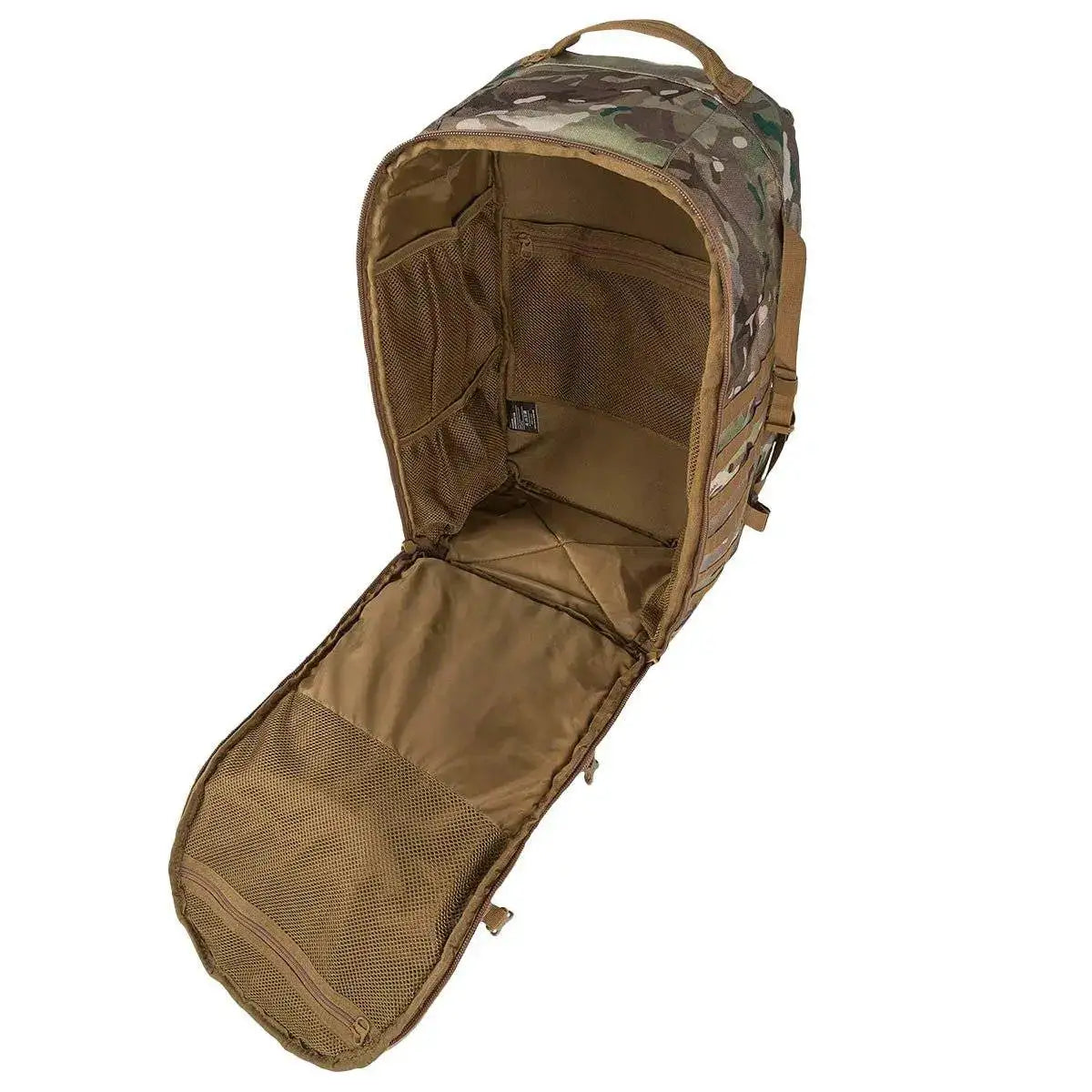 Highlander Harrier 45L Clamshell Backpack fully opened, revealing spacious compartments, mesh pockets, and an organized interior for easy packing.  from  John Bull Clothing 