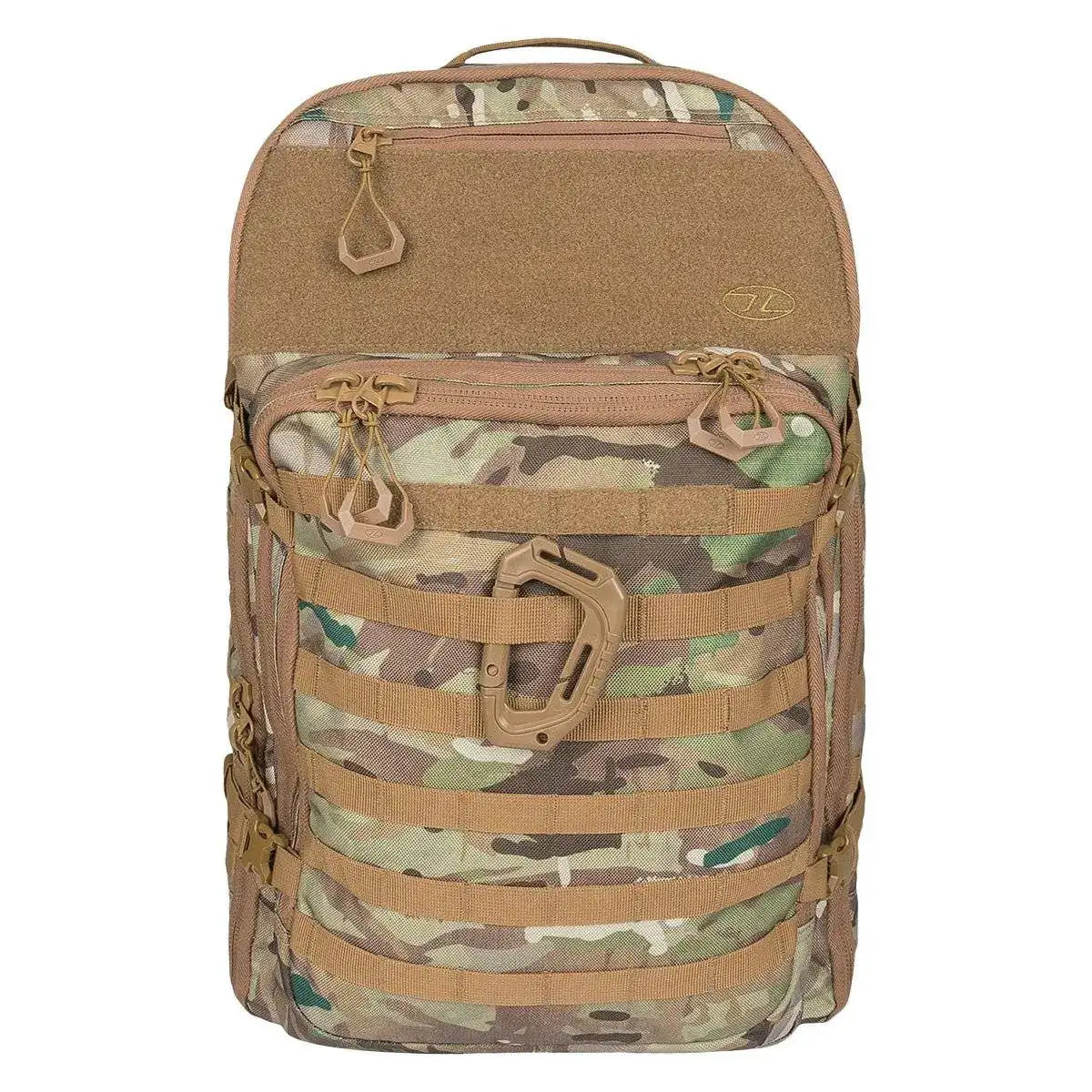 Highlander Harrier 45L Clamshell Backpack in camouflage pattern, featuring MOLLE webbing, durable zippers, and a tactical design for outdoor use. HMTC from  John Bull Clothing 