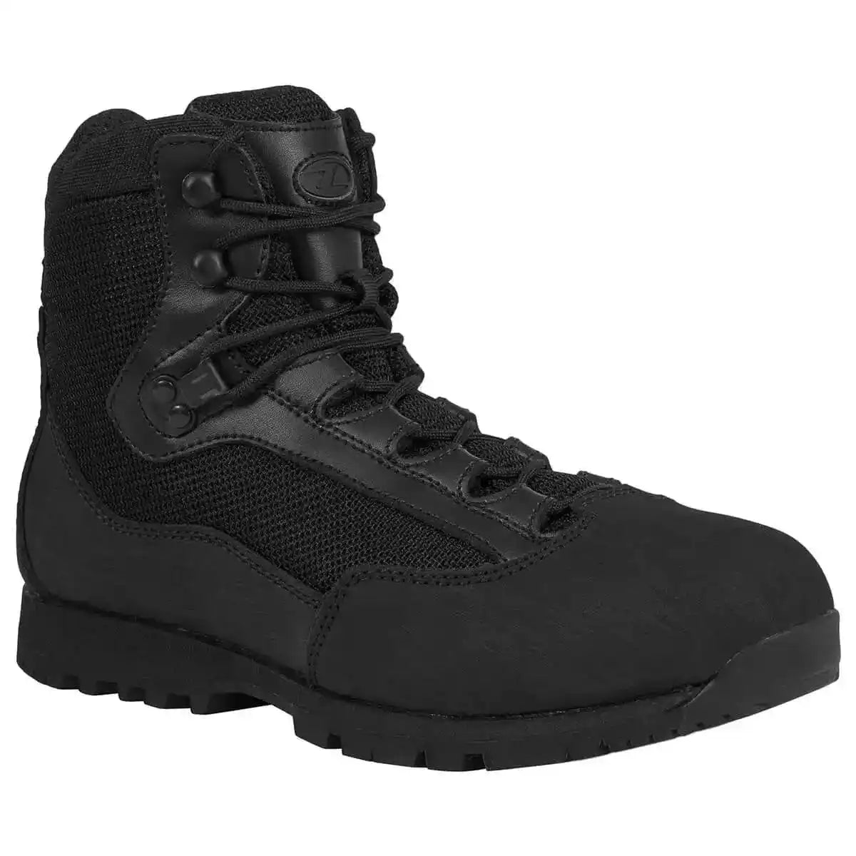 Side view of Highlander Pentland Black Military Boot featuring reinforced toe and lace-up design for secure fit and long-lasting wear.  from  John Bull Clothing 
