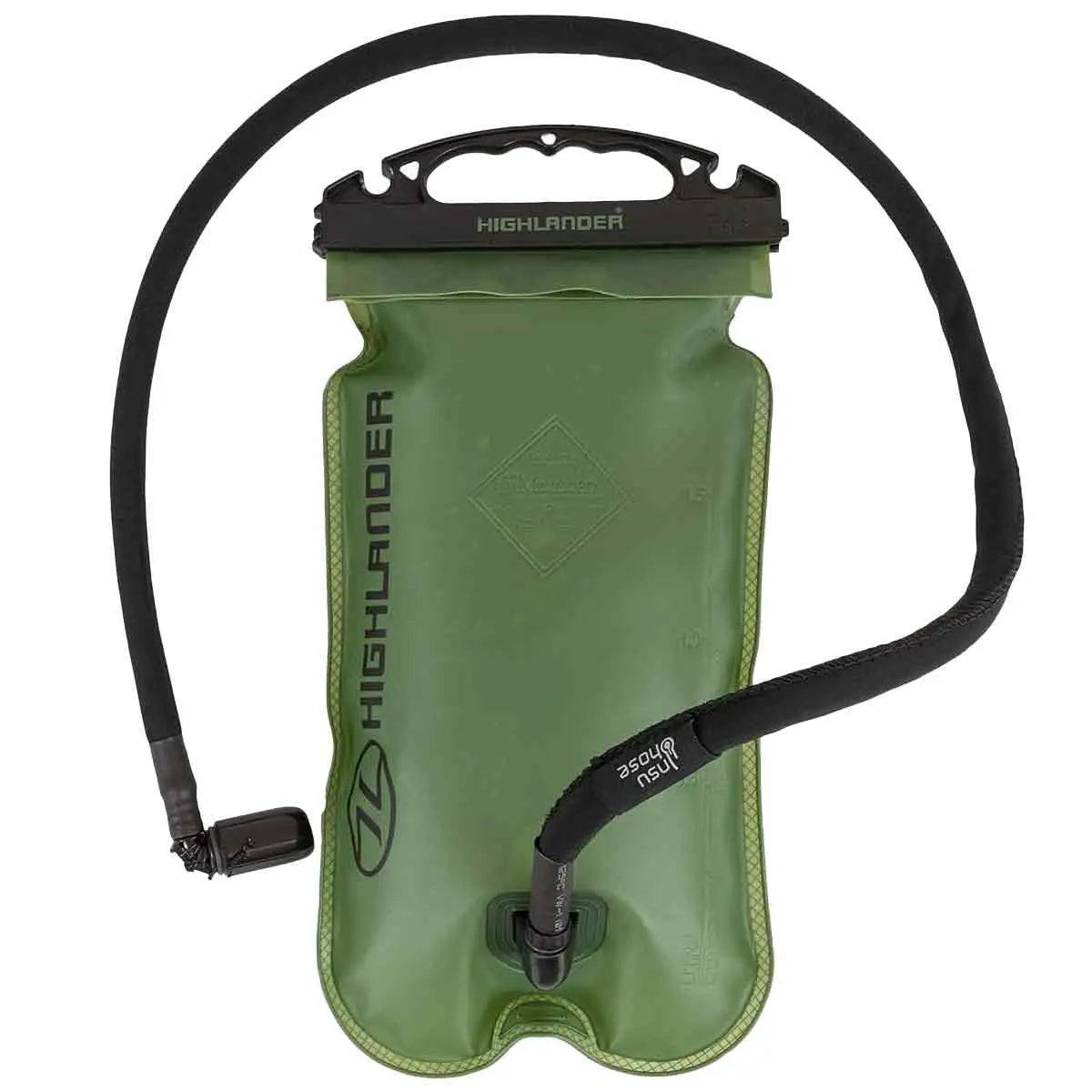 Durable Highlander SL Military Hydration Bladder with a 2L or 3L capacity, featuring a secure black handle and insulated drinking hose. 2 Litre from  John Bull Clothing 