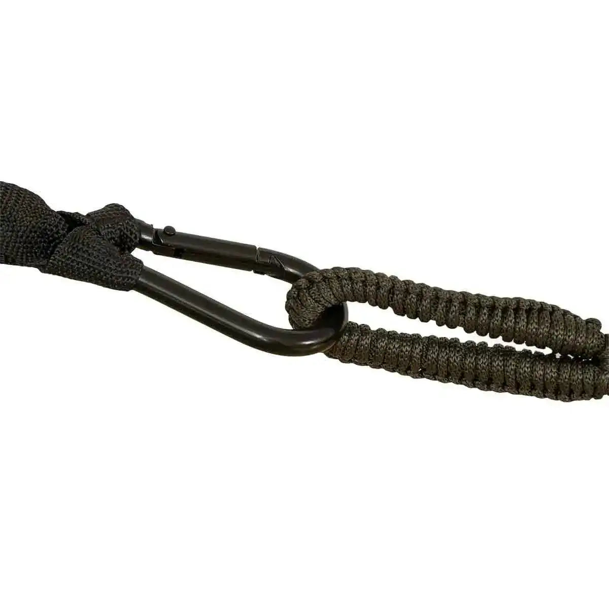 Close-up of the Highlander Trekker Hammock's sturdy black carabiner and rope attachment, ensuring secure and reliable outdoor setup.  from  John Bull Clothing 