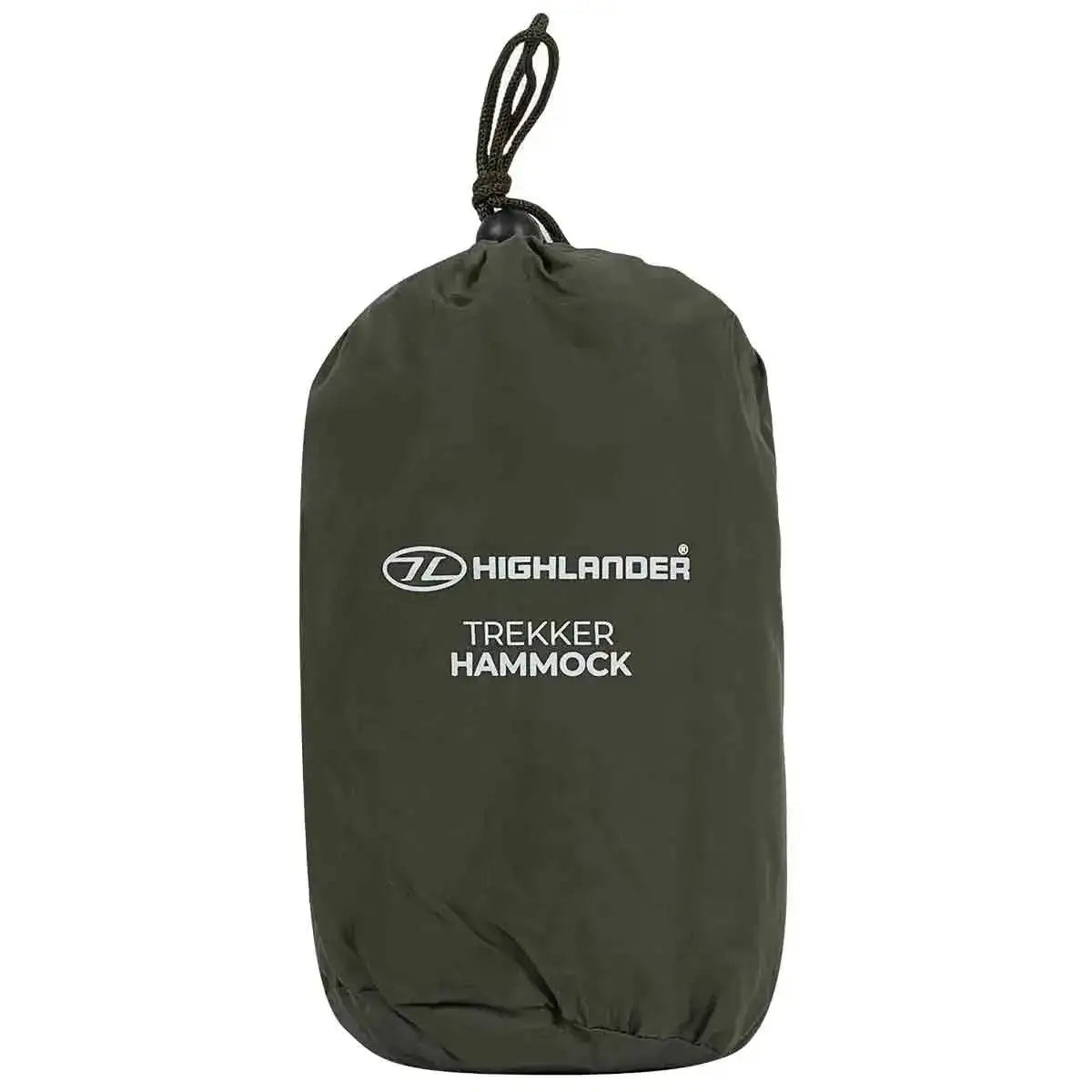 Highlander Trekker Hammock packed in its compact olive green carry bag with drawstring closure, ideal for camping and outdoor adventures.  from  John Bull Clothing 