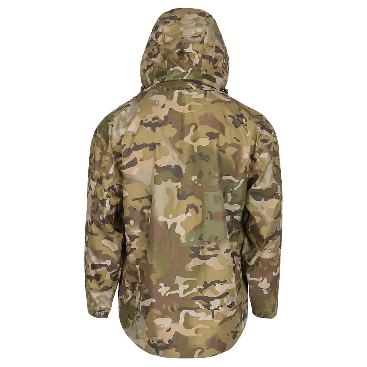 Back view of Highlander Typhoon Waterproof Jacket HMTC, displaying its full-length hood and multi-terrain camouflage for tactical use.  from  John Bull Clothing 