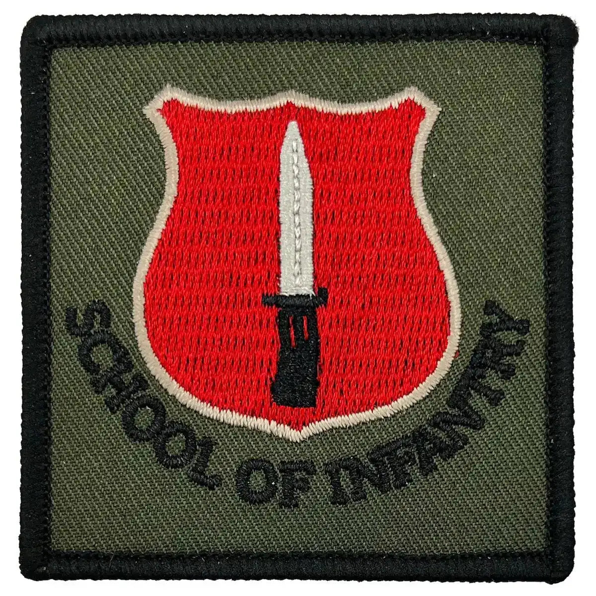 ITC School of Infantry TRF hook & loop patch with a red shield and white dagger emblem on an olive green background. Regulation pattern military badge. 1 Flash from  John Bull Clothing 