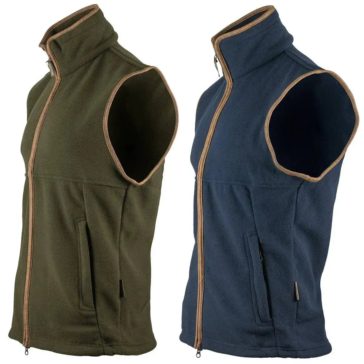 Jack Pyke Countryman Fleece Gilet in green and navy, sleeveless outdoor jackets with full zip and high collar, ideal for layering in cold weather.  from  John Bull Clothing 
