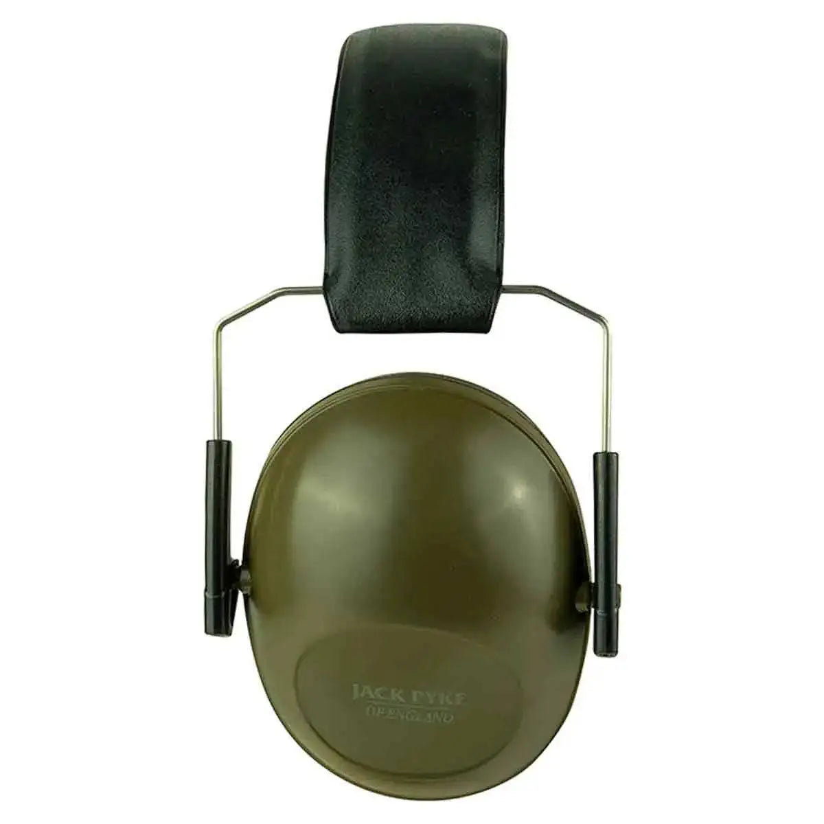 Side view of Jack Pyke Passive Ear Defenders with durable green ear cups and black padding, ideal for hearing protection in noisy environments.  from  John Bull Clothing 