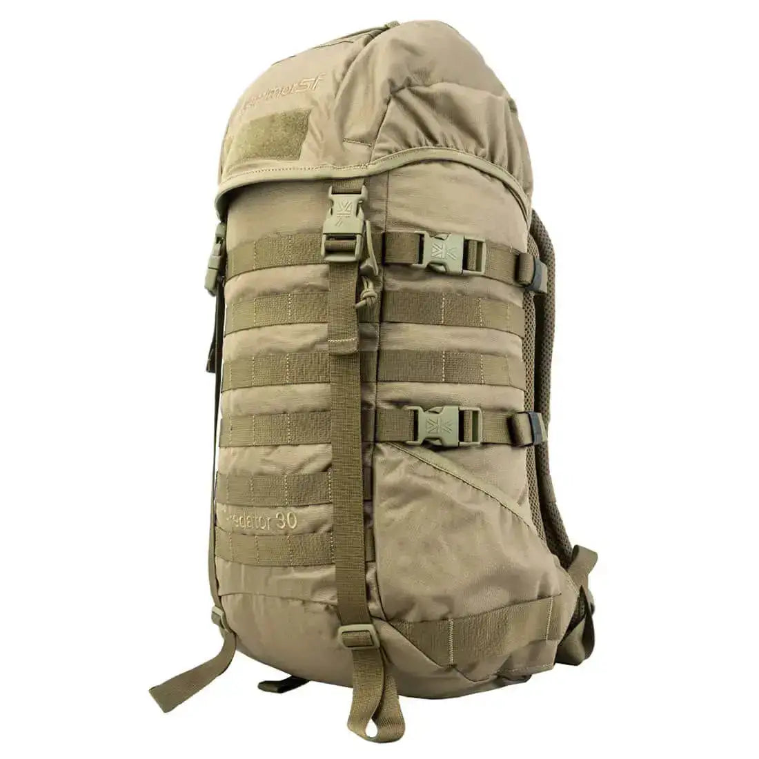 Karrimor Predator 30 Litre Daysack in coyote brown with MOLLE webbing, adjustable straps, and durable 600D polyester construction for trekking. Coyote from  John Bull Clothing 