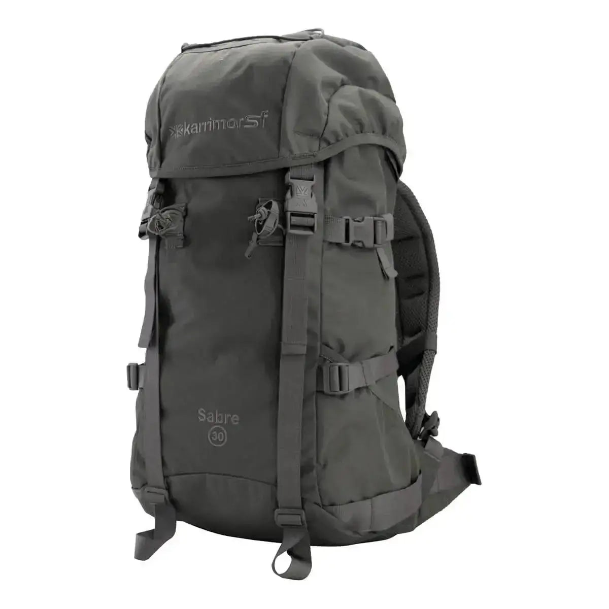 Karrimor SF Sabre 30 Rucksack in dark grey, featuring a 30L capacity, adjustable straps, and a rugged design for military and outdoor applications. Grey from  John Bull Clothing 