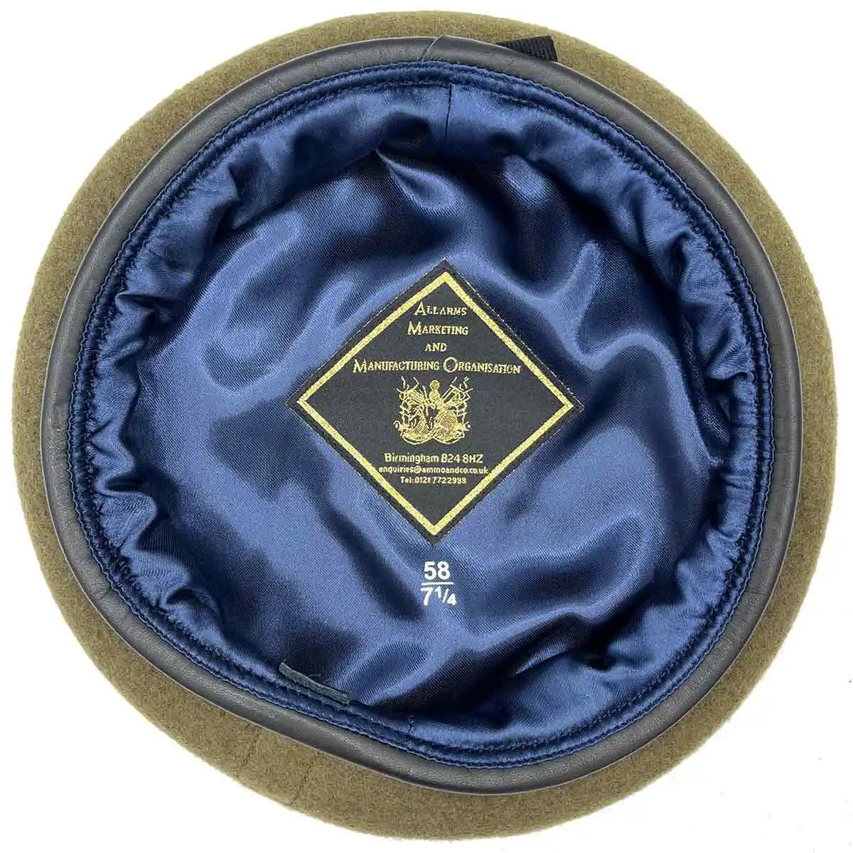 Interior of Khaki Army Beret Silk Lined from John Bull Clothing showing mid-blue silk lining and size label for premium comfort  from  John Bull Clothing 