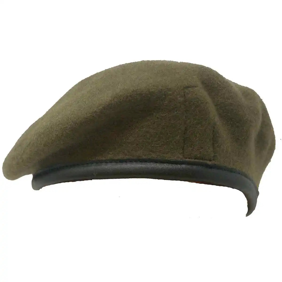 Side view of Khaki Silk Lined Army Beret with soft black leather band, ideal for military uniform apparel and accessories  from  John Bull Clothing 