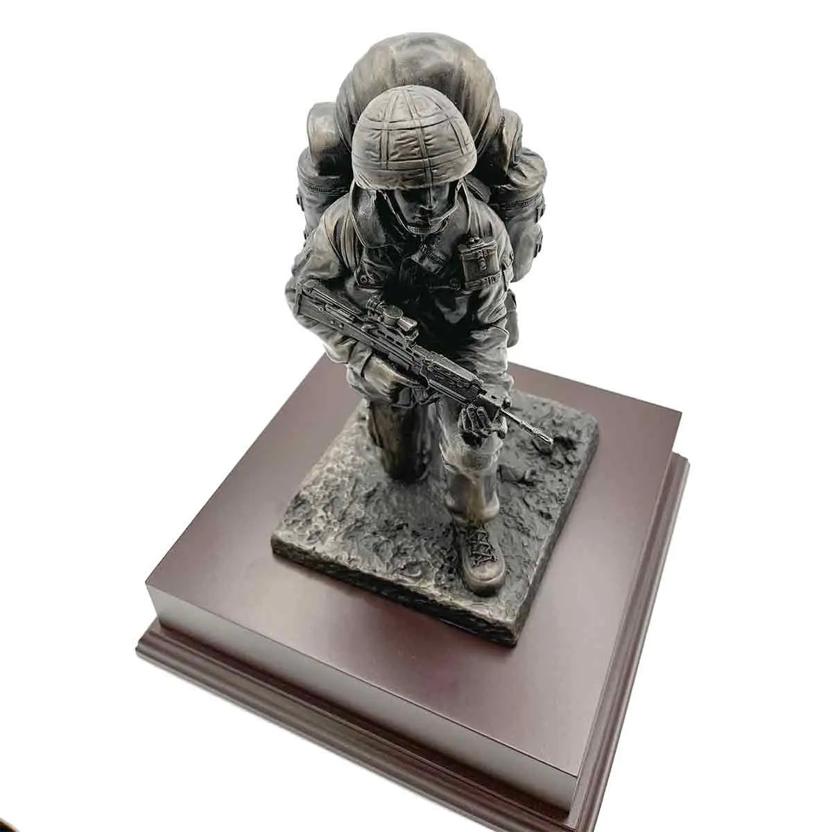 Bronze resin Kneeling Combat Figure with Beret statue featuring detailed military uniform and weapon, perfect for home or office display.  from  John Bull Clothing 