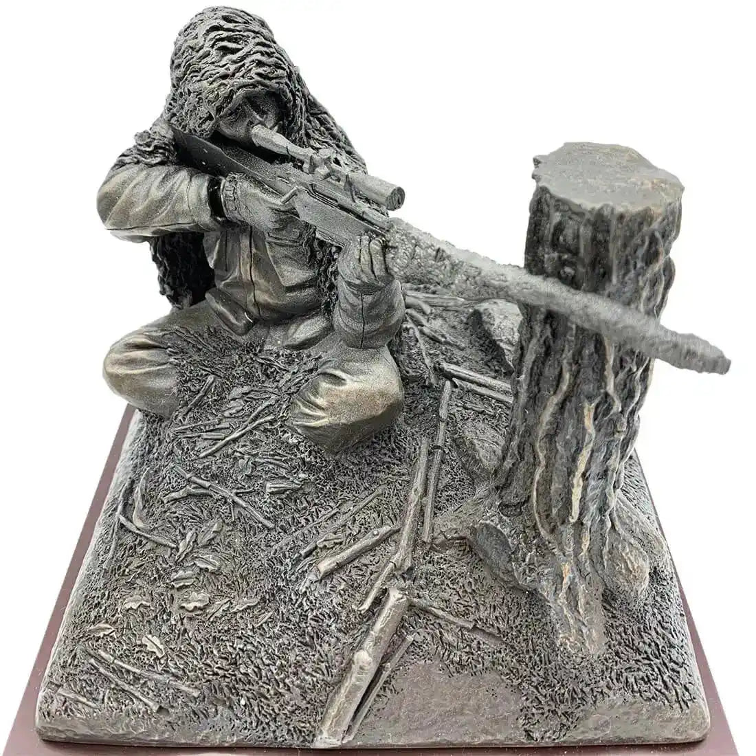 Close-up front view of Kneeling Sniper Bronze Resin Figurine highlighting lifelike sniper pose and intricate casting, perfect for military-themed decor.  from  John Bull Clothing 