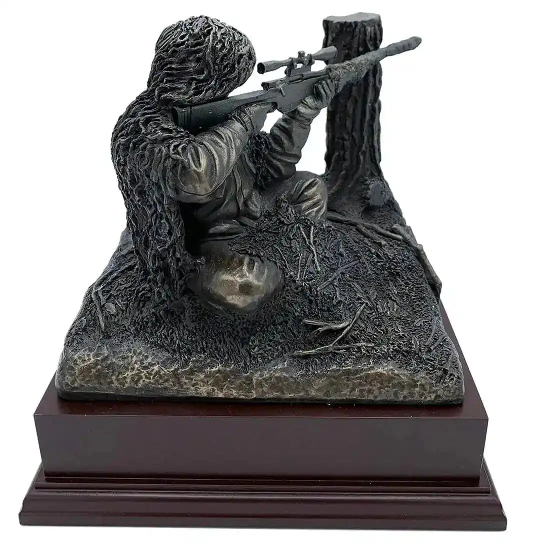 Bronze resin army statue of a kneeling sniper in ghillie suit aiming rifle, part of the Kneeling Sniper Figurine collection for military decor.  from  John Bull Clothing 