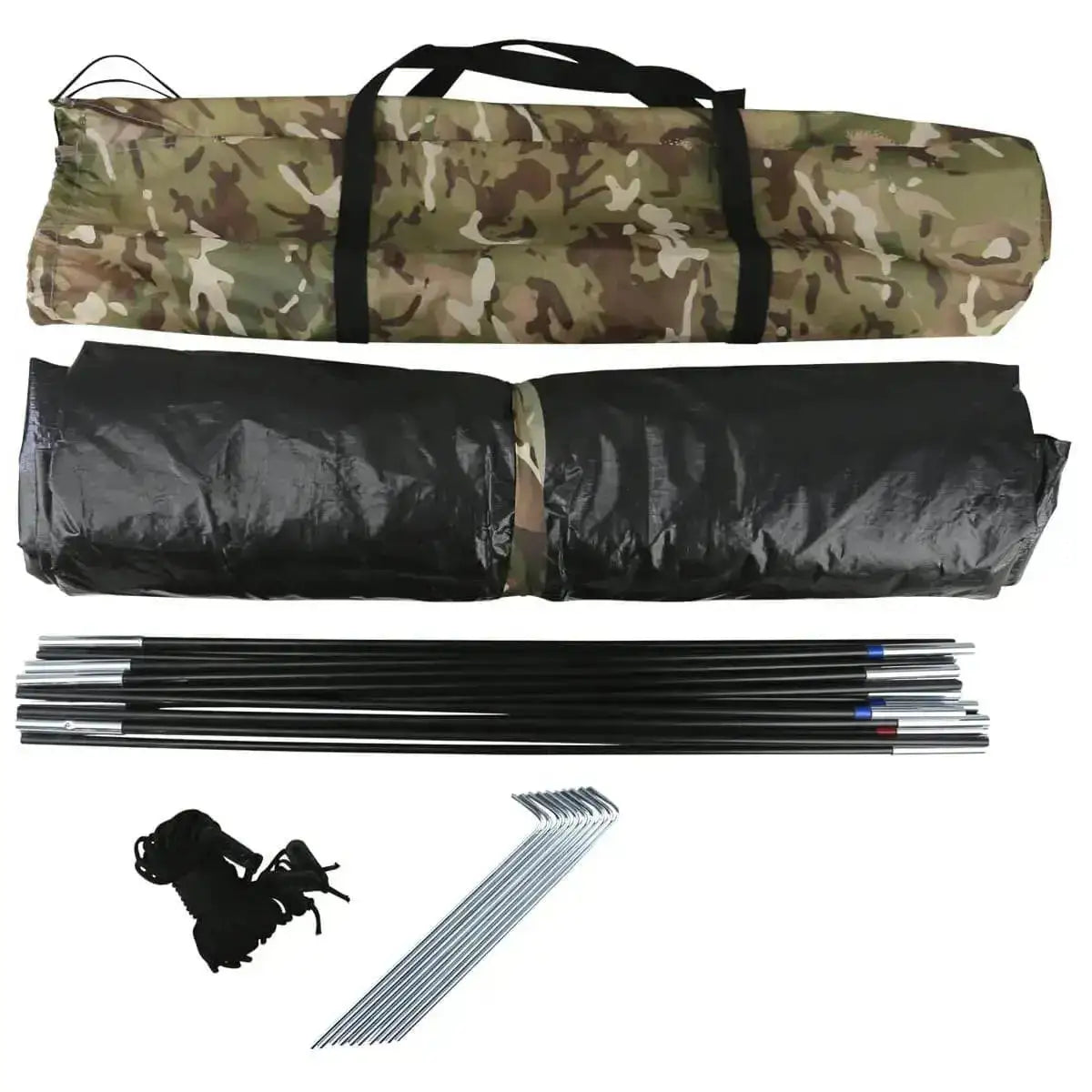 Kombat Ranger 2 Person Tent components including poles, pegs, ropes, and carry bag, designed for quick assembly and portability.  from  John Bull Clothing 