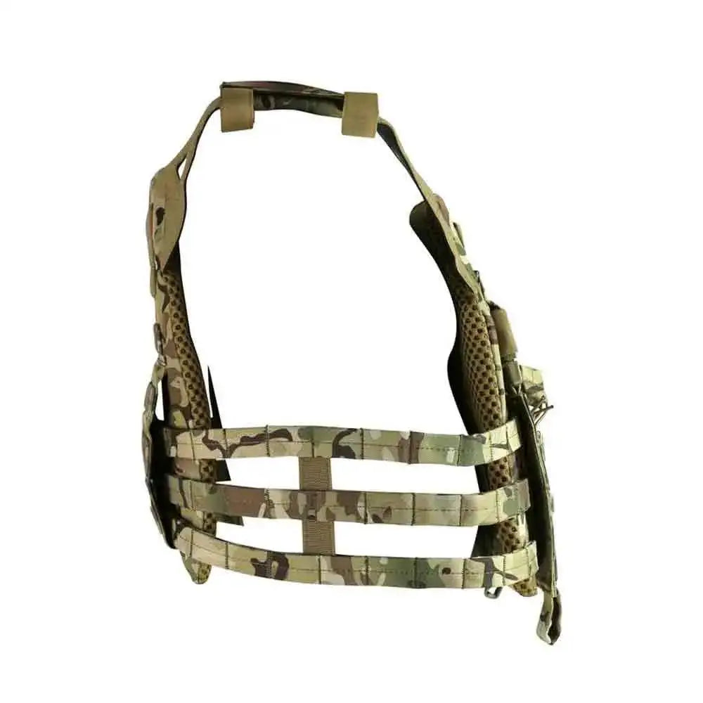 Side view of the Kombat Buckle-Tek Spec-Ops Jump Plate Carrier in BTP camo, highlighting breathable mesh padding and adjustable straps.  from  John Bull Clothing 