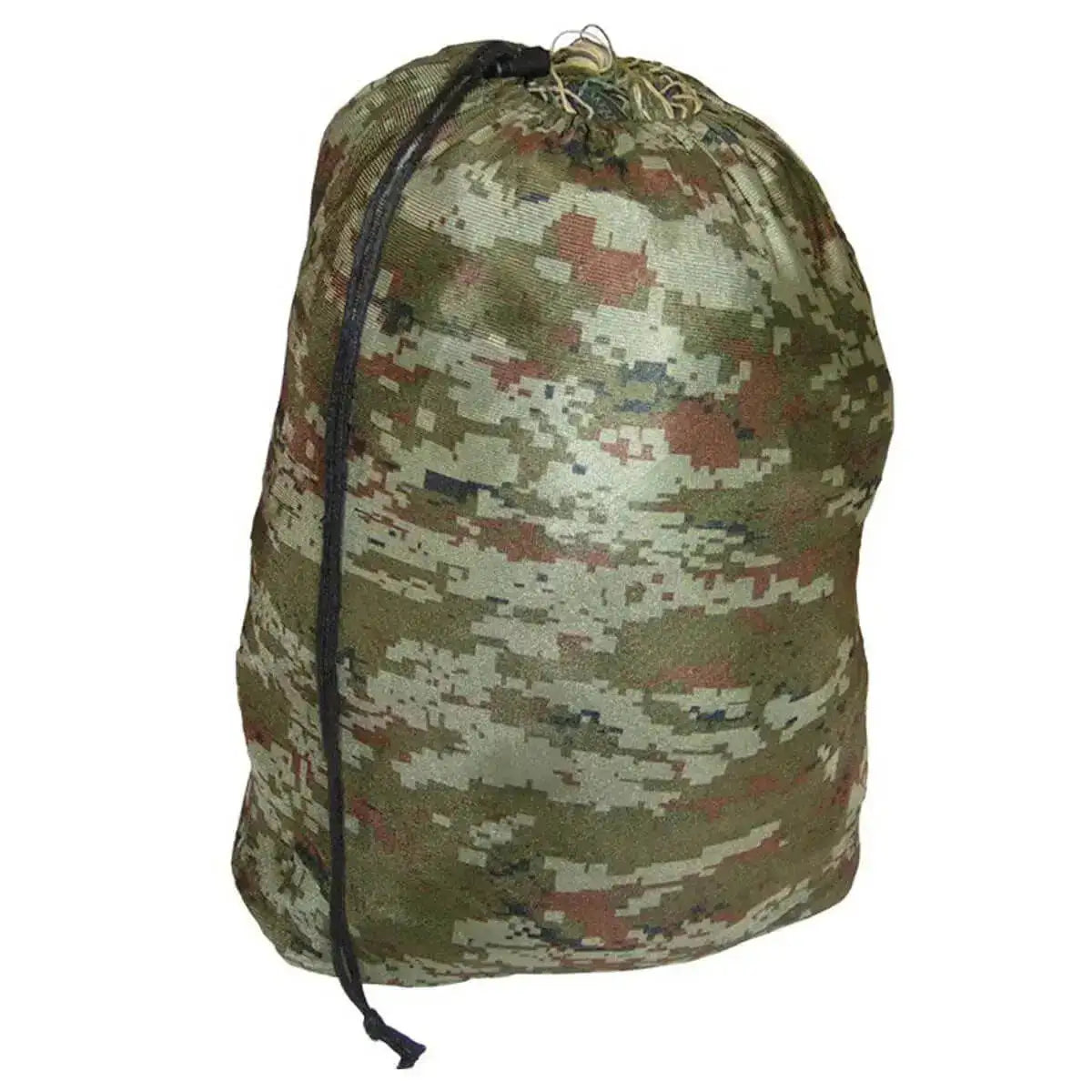 Drawstring camo storage bag for the Kombat Kids Ghillie Camouflage Body Suit, perfect for easy transport and storage of kids' survival gear.  from  John Bull Clothing 
