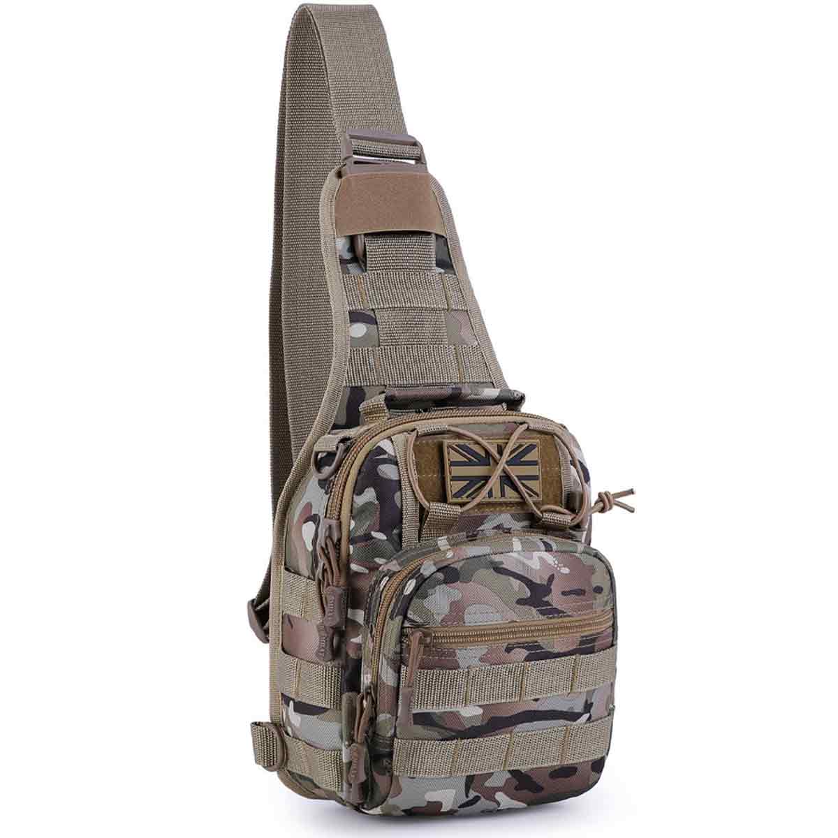 Versatile Kombat Ranger Sling Bag BTP with 3L capacity, featuring MOLLE webbing and durable polyester fabric for tactical and adventure needs.