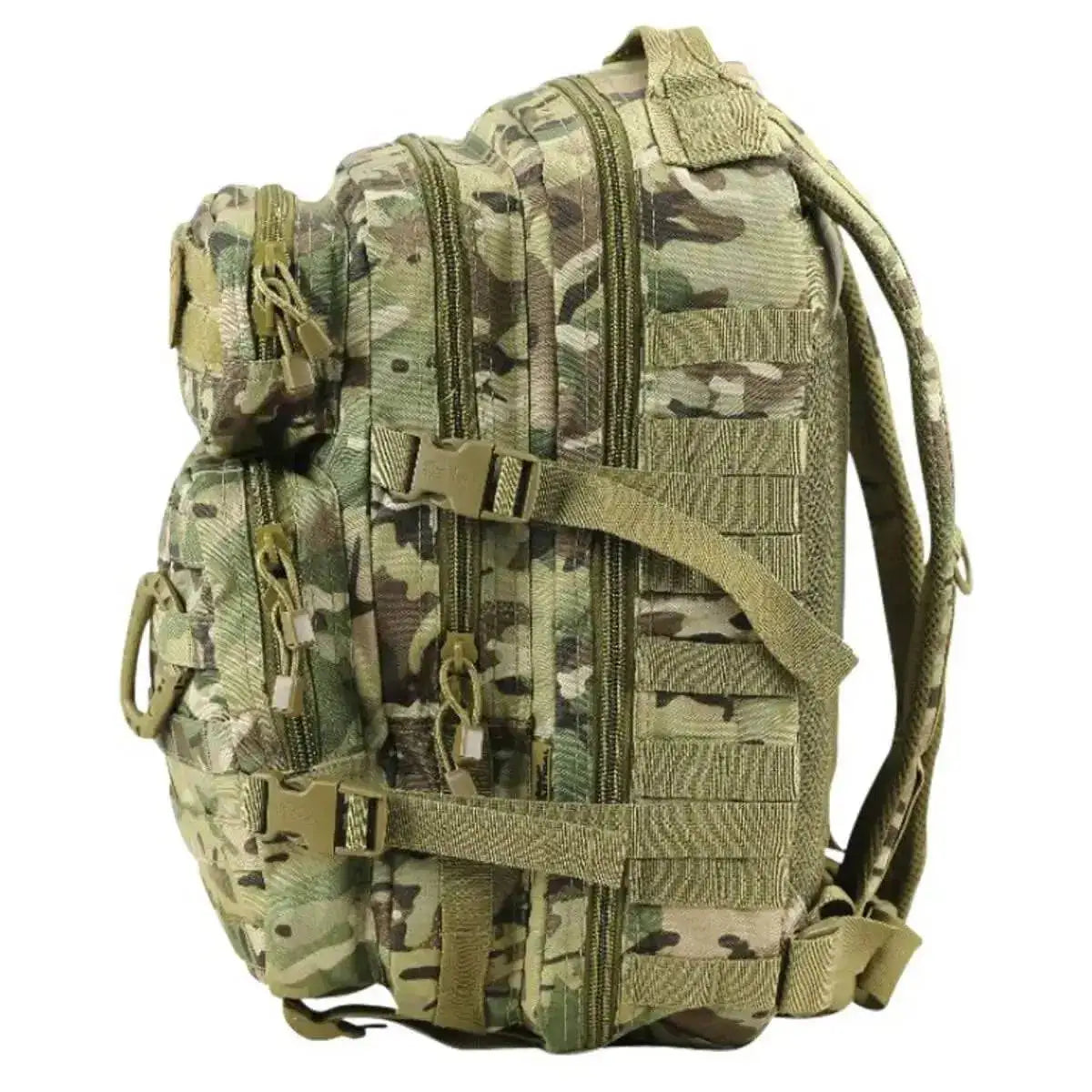 Side view of the multicam Kombat Small 28L Molle Assault Patrol Rucksack showing zippered compartments and MOLLE webbing.  from  John Bull Clothing 