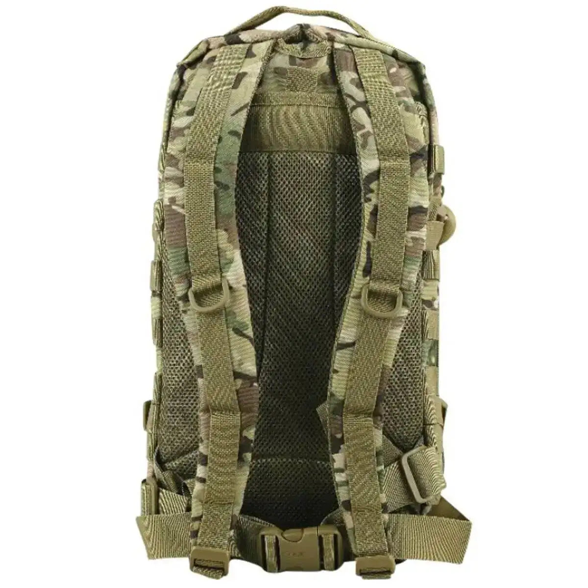 Rear view of the multicam Kombat Small 28L Molle Assault Patrol Rucksack showing padded shoulder straps and breathable back panel.  from  John Bull Clothing 