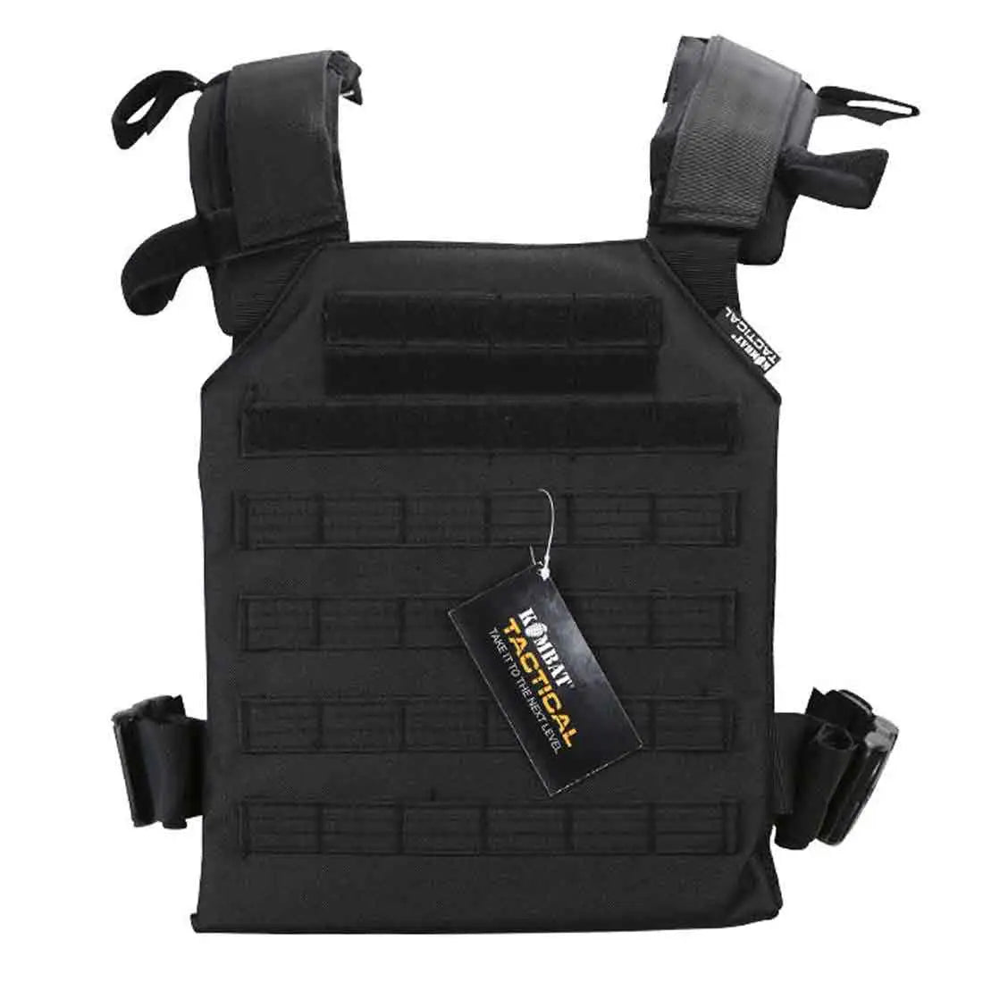 Kombat Spartan Airsoft Plate Carrier in black, offering a rugged design with MOLLE compatibility and adjustable straps for a secure fit. Black from  John Bull Clothing 