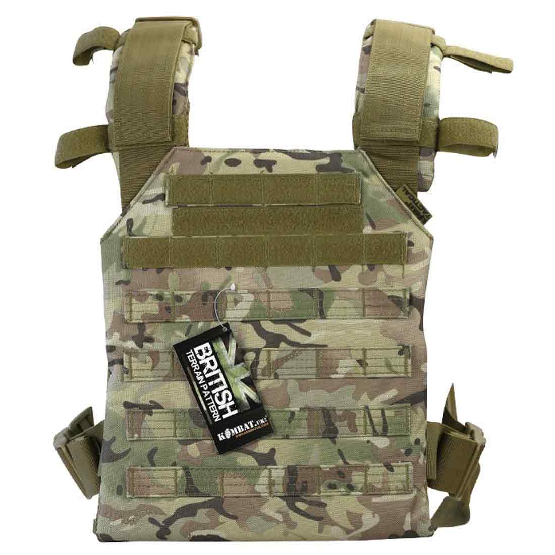Kombat Spartan Airsoft Plate Carrier in BTP camouflage, designed with MOLLE webbing and durable 600D polyester for airsoft and tactical use.