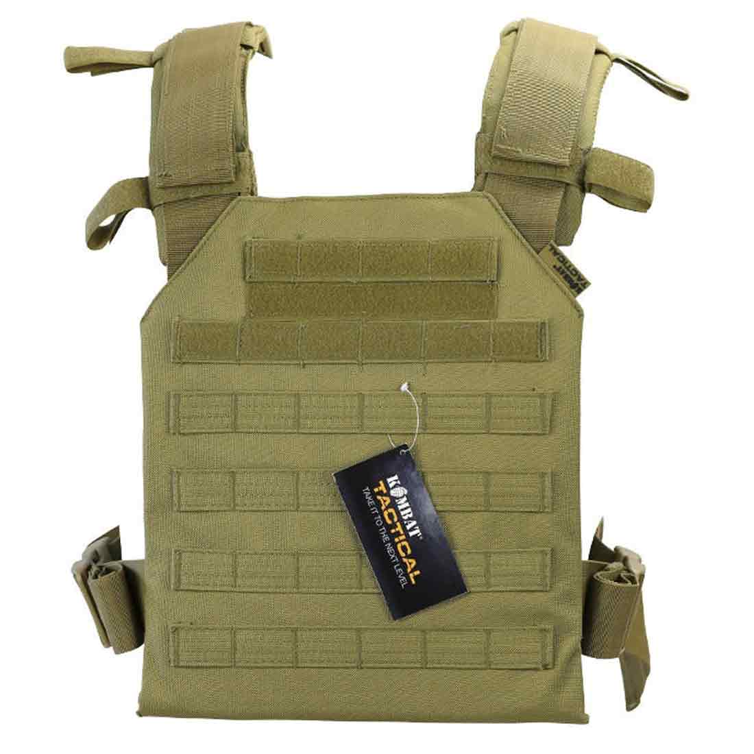Kombat Spartan Airsoft Plate Carrier in coyote brown, featuring adjustable shoulder straps and MOLLE webbing for tactical customization.