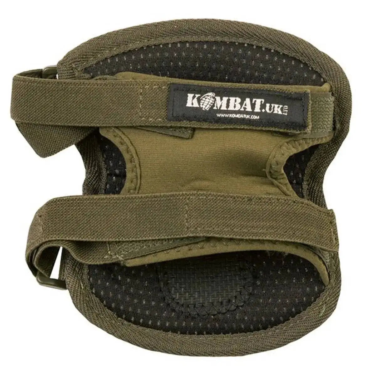 Back view of Kombat Spec-Ops Airsoft Knee Pad in olive green, showcasing adjustable straps and breathable padding for comfort and stability.  from  John Bull Clothing 