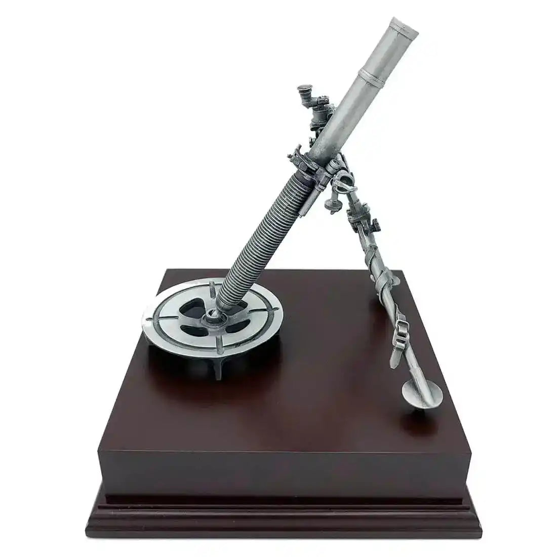 Side angle of L16 81mm Mortar Pewter Statue with tripod and base plate, ideal for army-themed home and garden sculpture displays.  from  John Bull Clothing 