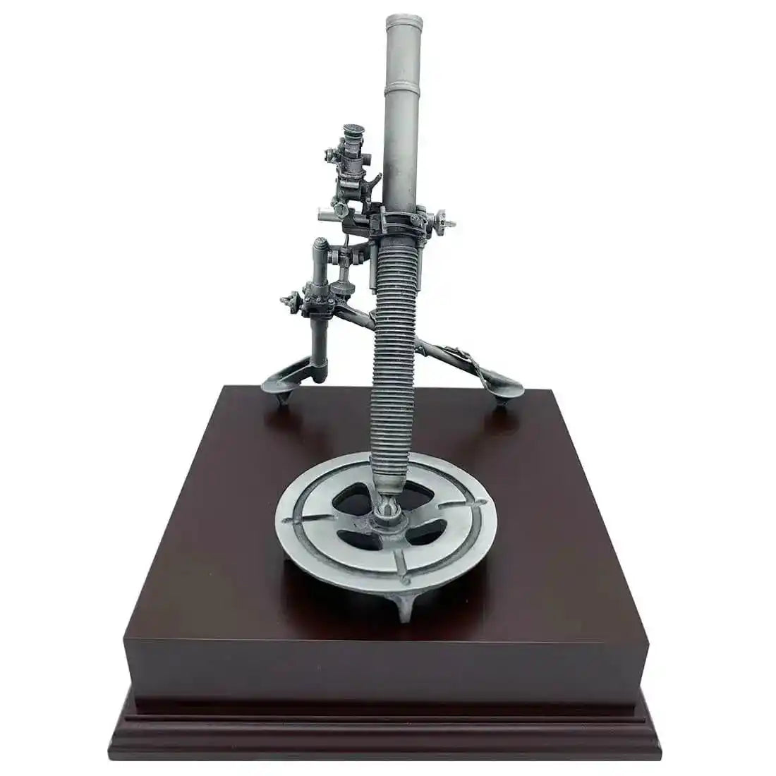 Front view of L16 81mm Mortar Pewter Statue, highlighting precision craftsmanship and realistic design for military decor collectors.  from  John Bull Clothing 
