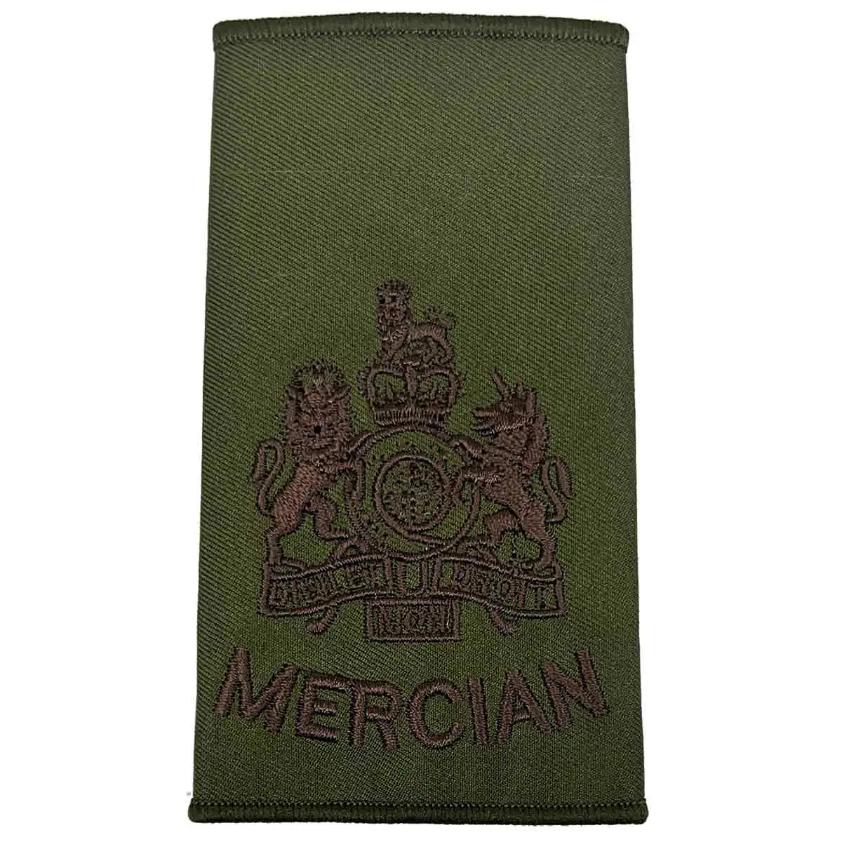 Mercian Regiment olive green rank slide with royal coat of arms embroidery, suitable for Warrant Officer Class 1 in military uniforms. WO1 from  John Bull Clothing 