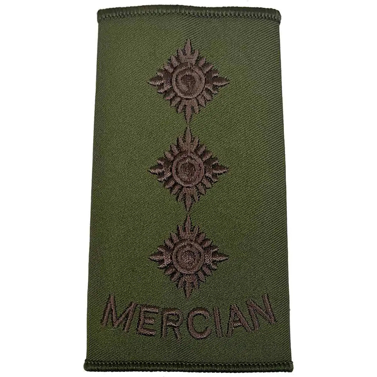 Triple pip Mercian Regiment olive green rank slide with brown embroidery, representing Major rank in military uniform gear. Captain from  John Bull Clothing 