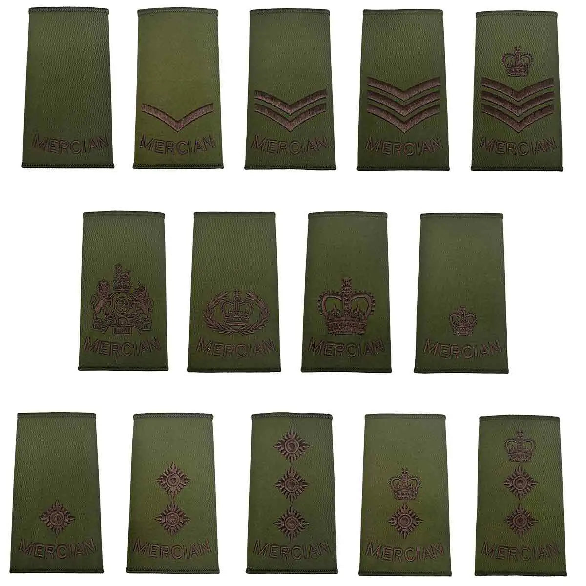 Full set of Mercian Regiment Rank Slides in olive green with brown embroidered insignia, ideal for military uniforms and tactical apparel.  from  John Bull Clothing 
