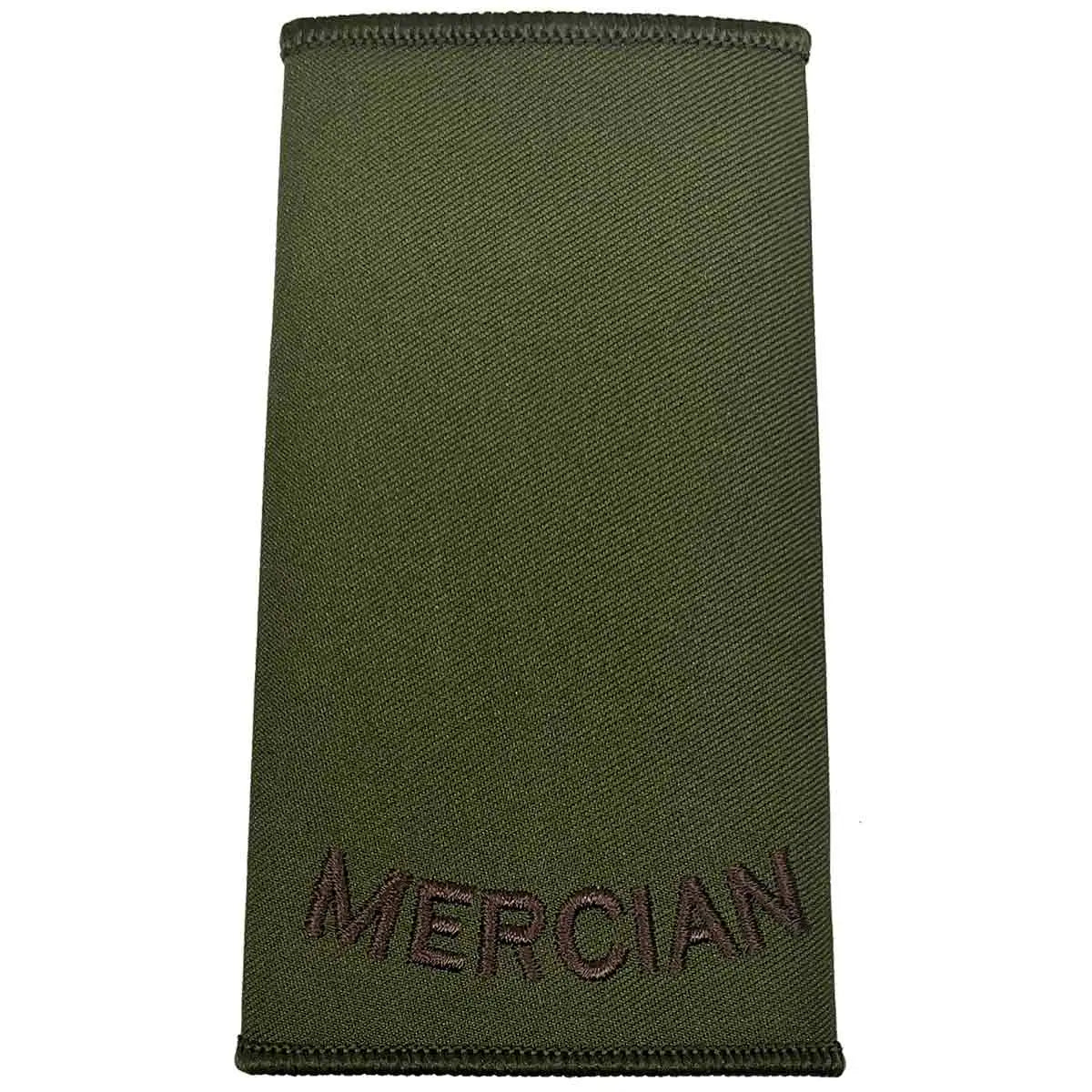 Olive green Mercian Regiment rank slide with brown embroidered text, made from durable Cordura fabric for military uniform use. Private from  John Bull Clothing 