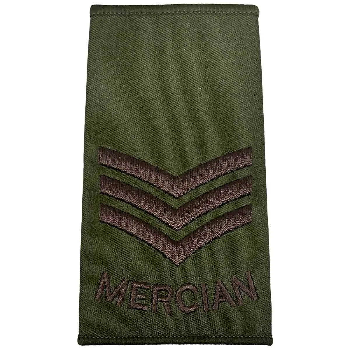 Triple chevron Mercian Regiment rank slide in olive green, denoting Sergeant rank with brown embroidery for military uniforms. Sergeant from  John Bull Clothing 