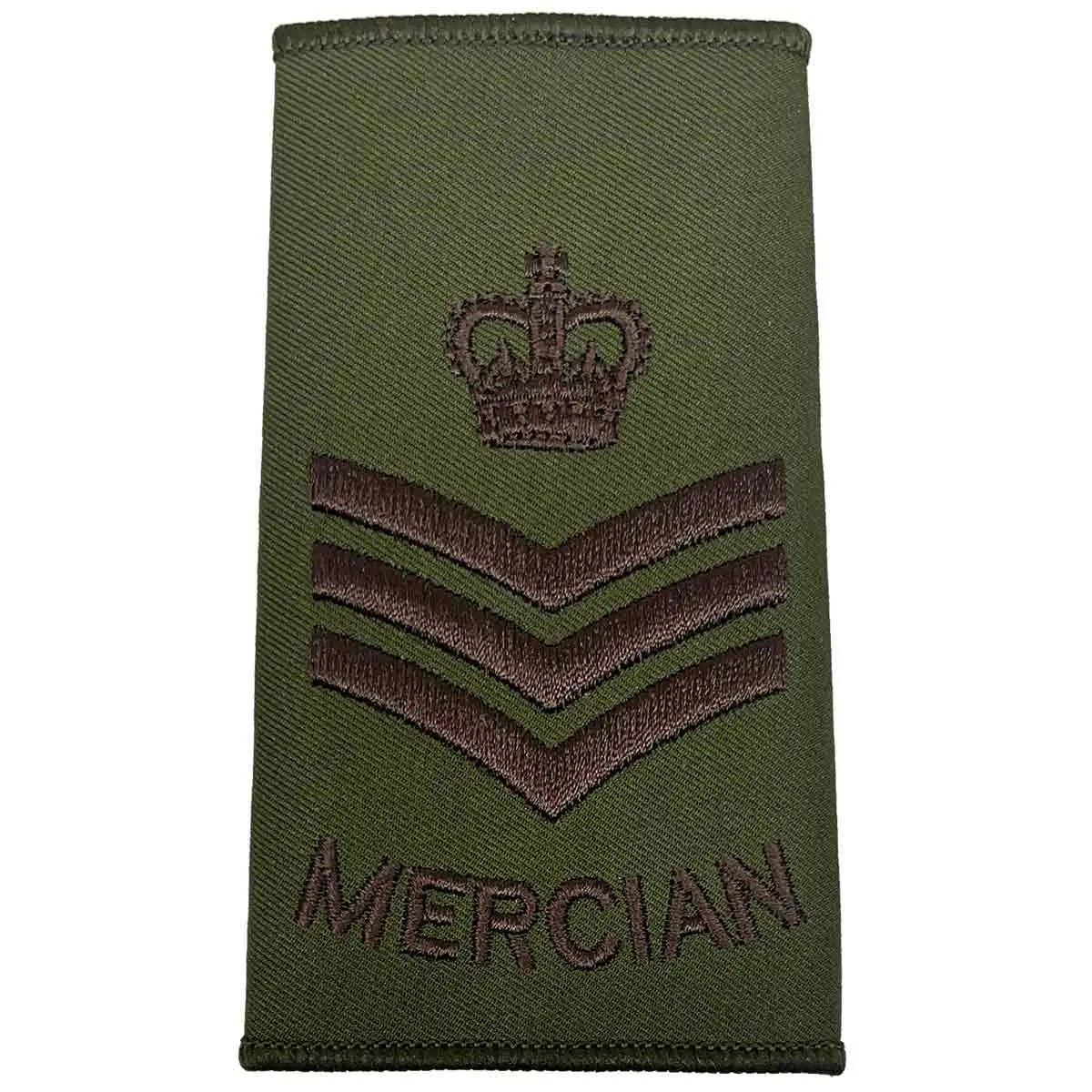 Olive green Mercian Regiment rank slide with crown and triple chevrons, indicating Staff Sergeant rank in military uniform apparel. Staff Sergeant from  John Bull Clothing 