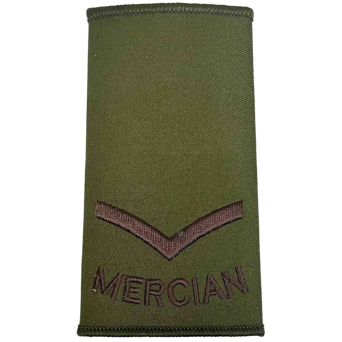 Mercian Regiment olive green rank slide with single chevron and brown embroidery, suitable for Lance Corporal rank in military uniforms. Lance Corporal from  John Bull Clothing 