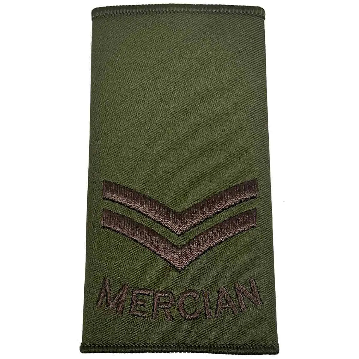 Double chevron Mercian Regiment rank slide in olive green Cordura, representing Corporal rank with brown embroidered insignia. Corporal from  John Bull Clothing 