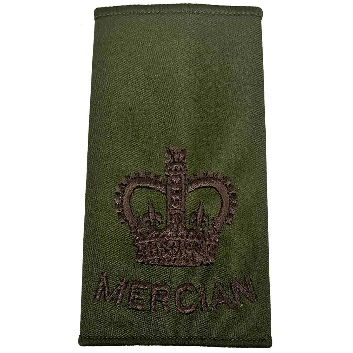 Mercian Regiment olive green rank slide with large crown embroidery, ideal for Officer ranks in military uniform applications. WO2 - Large Crown from  John Bull Clothing 