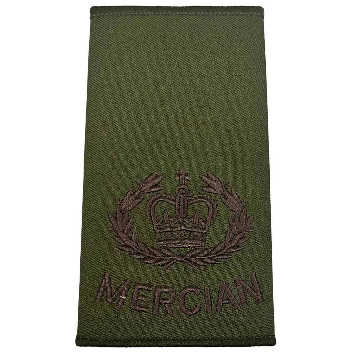 Olive green Mercian Regiment rank slide with crown and laurel embroidery, representing Warrant Officer Class 2 in military uniforms. WO2 RQMS - Crown & Laurel Wreath from  John Bull Clothing 