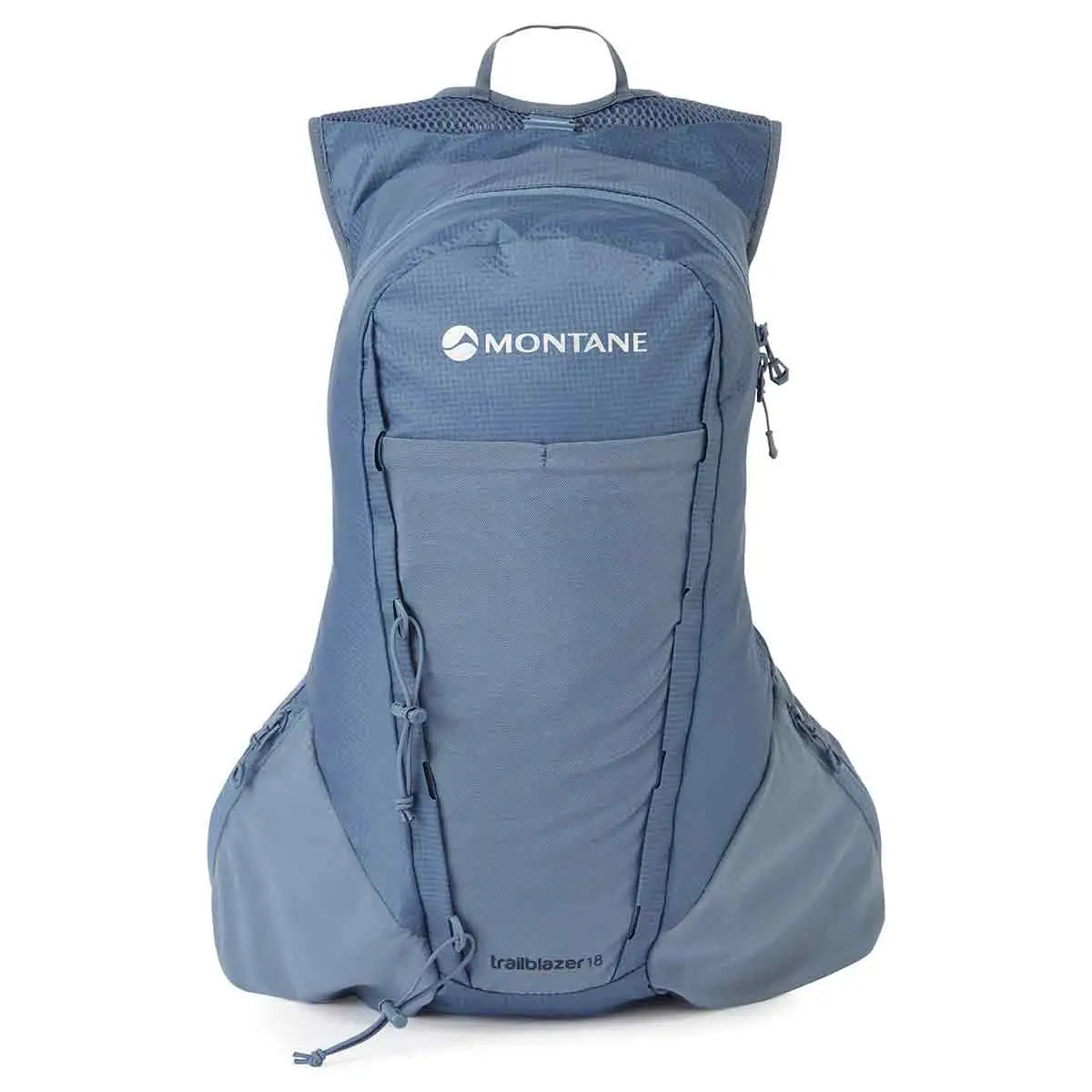 Front view of the Montane Trailblazer 18L Backpack in blue, showcasing its compact design and zippered compartments.  from  John Bull Clothing 