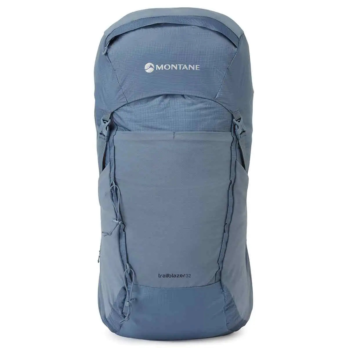 Front view of the Montane Trailblazer 32 Litre Backpack in blue, showcasing its streamlined design, zippered compartments, and rugged fabric.  from  John Bull Clothing 