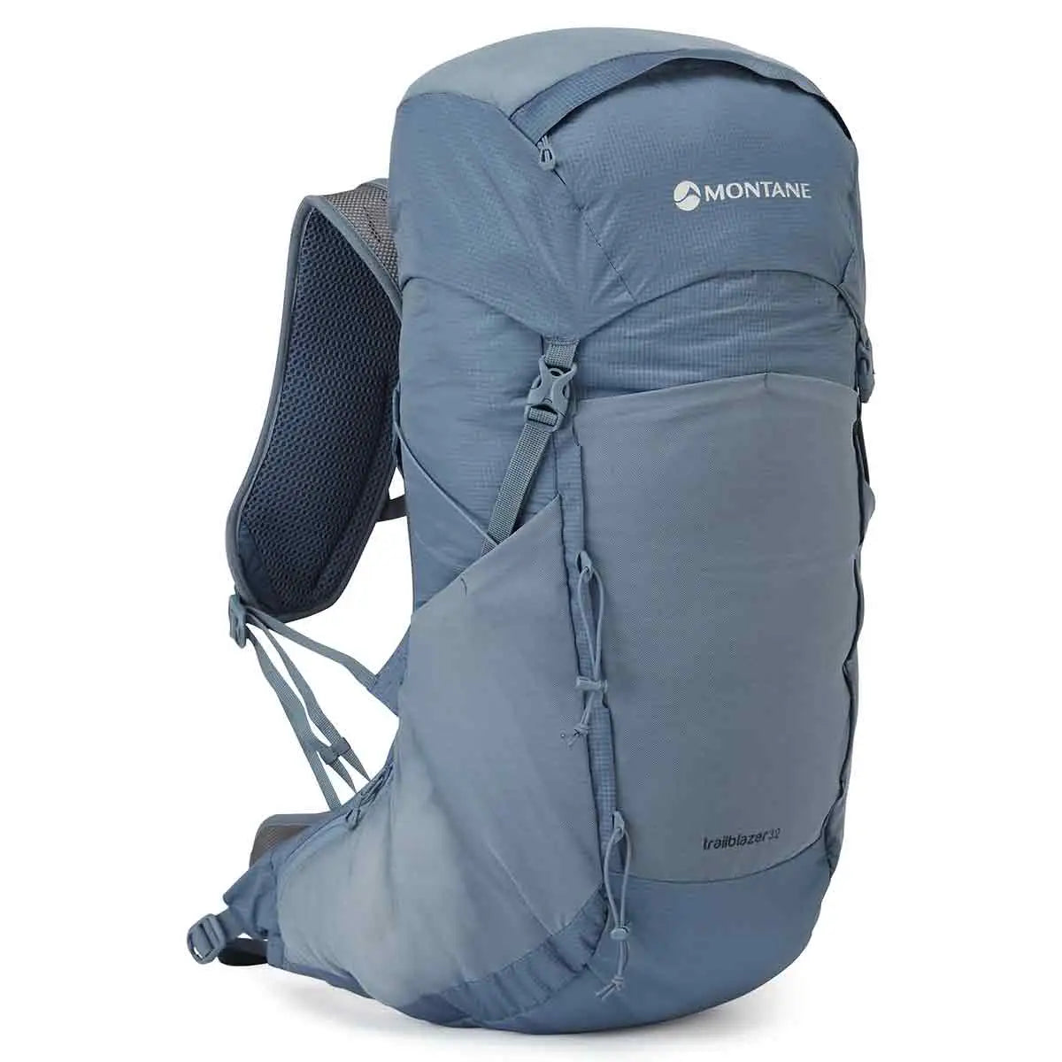 Montane Trailblazer 32 Litre Backpack in blue, featuring lightweight construction, breathable back panel, and adjustable straps for hiking comfort. Stone Blue from  John Bull Clothing 