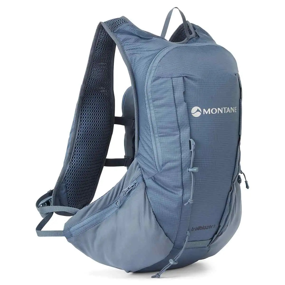 Montane Trailblazer 8L Recycled Backpack in blue, designed for trail running and hiking with ergonomic fit, breathable mesh, and secure storage options. Stone Blue from  John Bull Clothing 