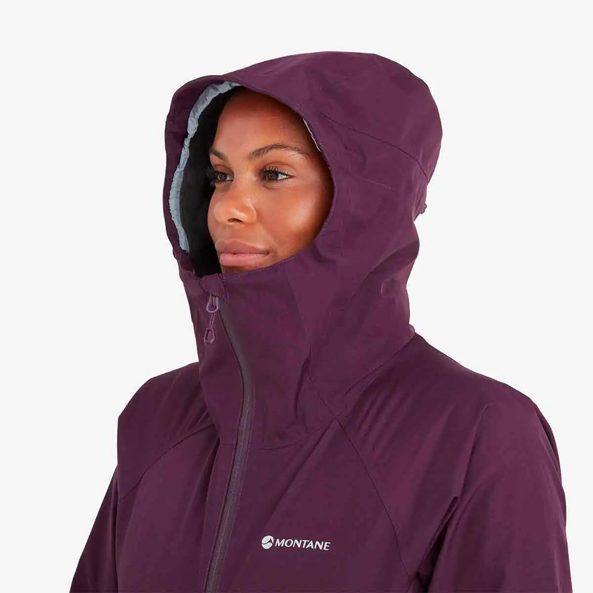 Close-up of Montane Womens Spirit Waterproof Jacket hood. Adjustable design provides extra protection against rain and wind.  from  John Bull Clothing 