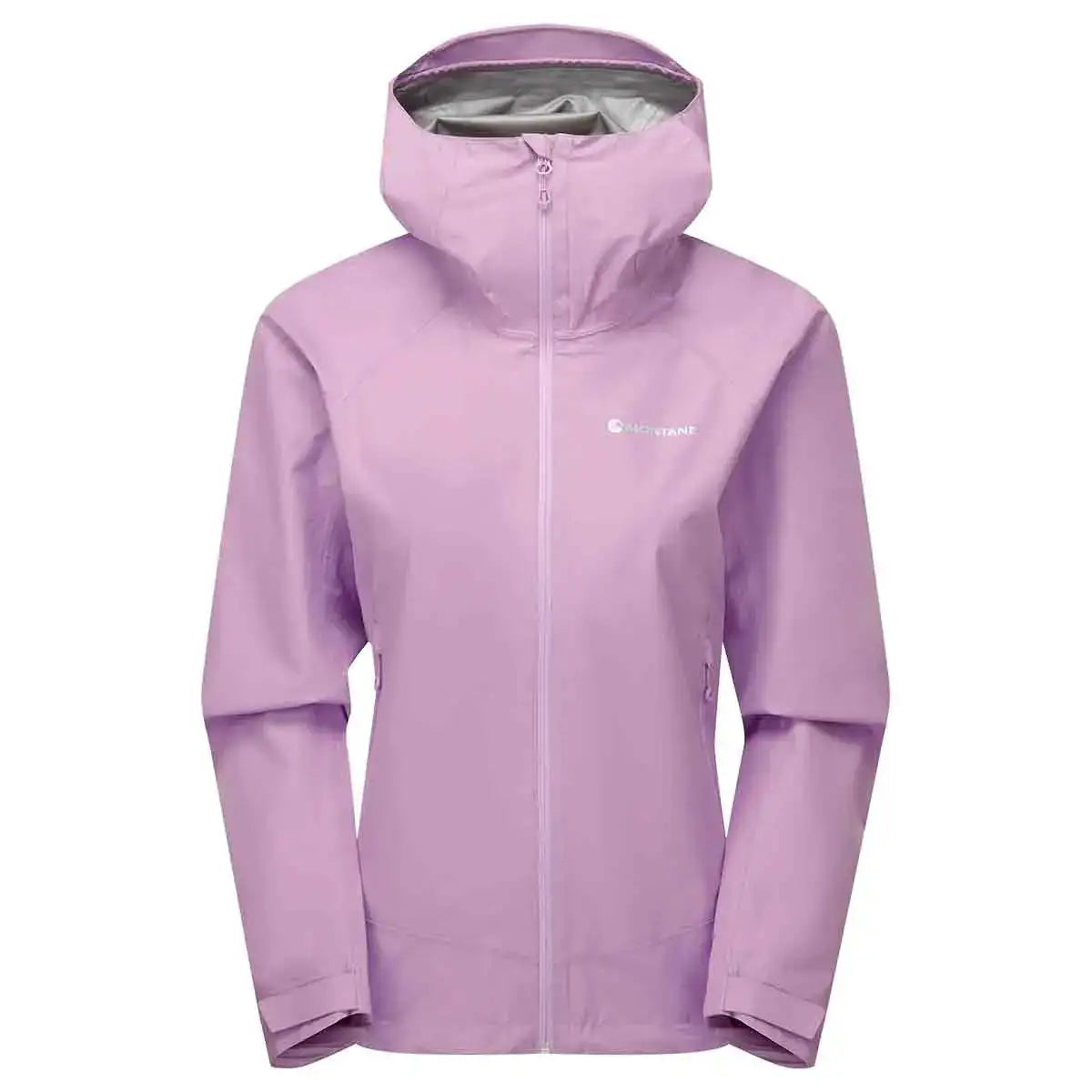 Montane Womens Spirit Waterproof Jacket in soft lilac. Stylish and waterproof raincoat designed for protection in heavy rain. Allium from  John Bull Clothing 