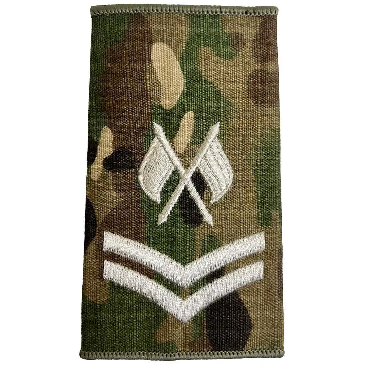 Multicam Rank Slide with crossed flags and two ivory chevrons, indicating signals corporal rank, MOD spec by John Bulls. Corporal + Crossed Flags from  John Bull Clothing 